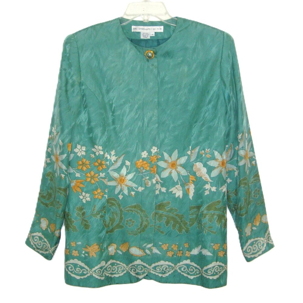 VTG Anne Crimmins Umi Collection Women's Silk Green Floral Jacket Blazer Size 10